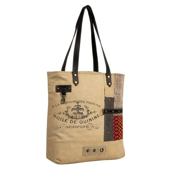 Myra Bag Handmade Sundown Tote Bag Upcycled Canvas & Cowhide Leather - Picture 4 of 9